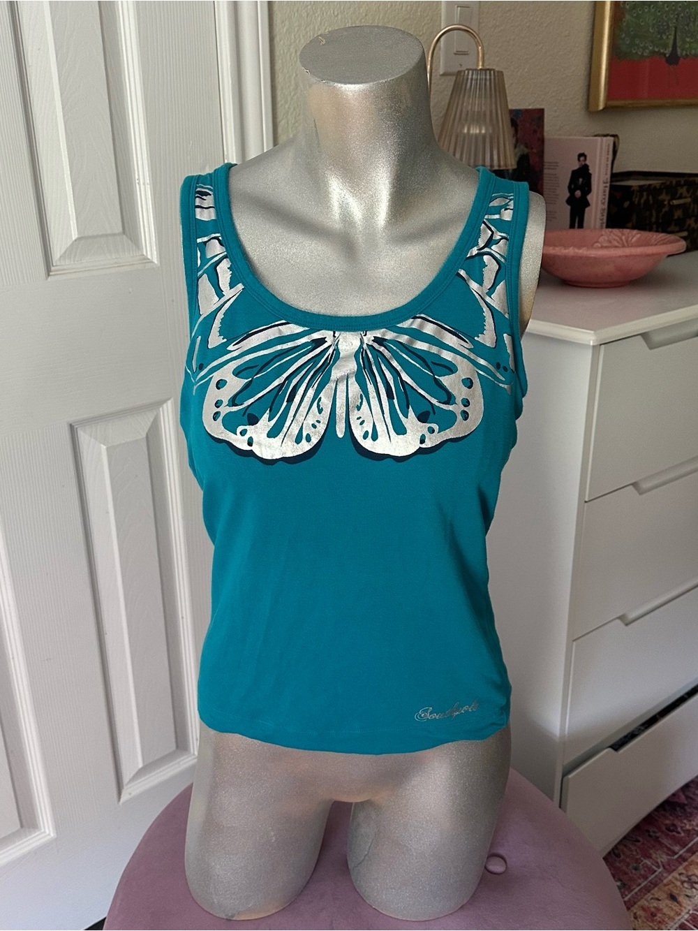 Southpole Y2K Blue & Silver Metallic Butterly Graphic Tank